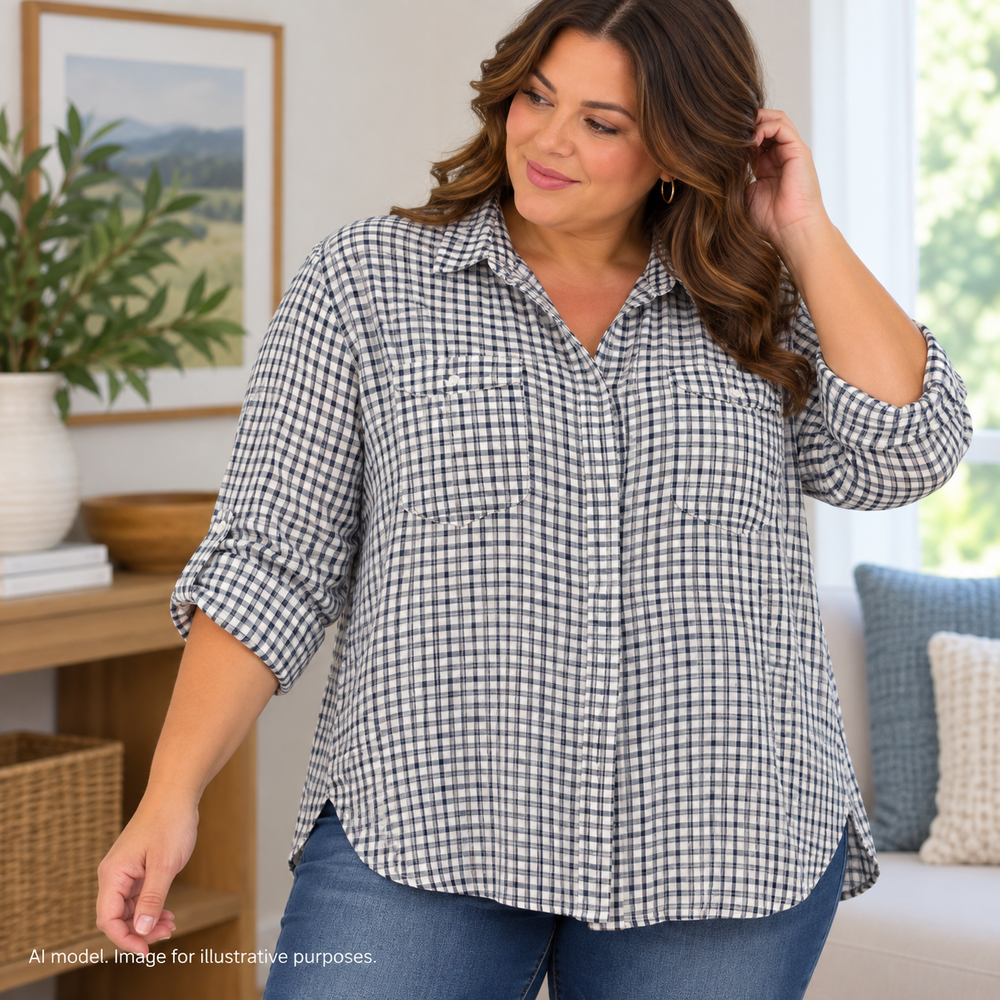 Cloth Stone Shirt Women XXL Blue Gingham Flowy Prairie Hidden Placket Spilt Back